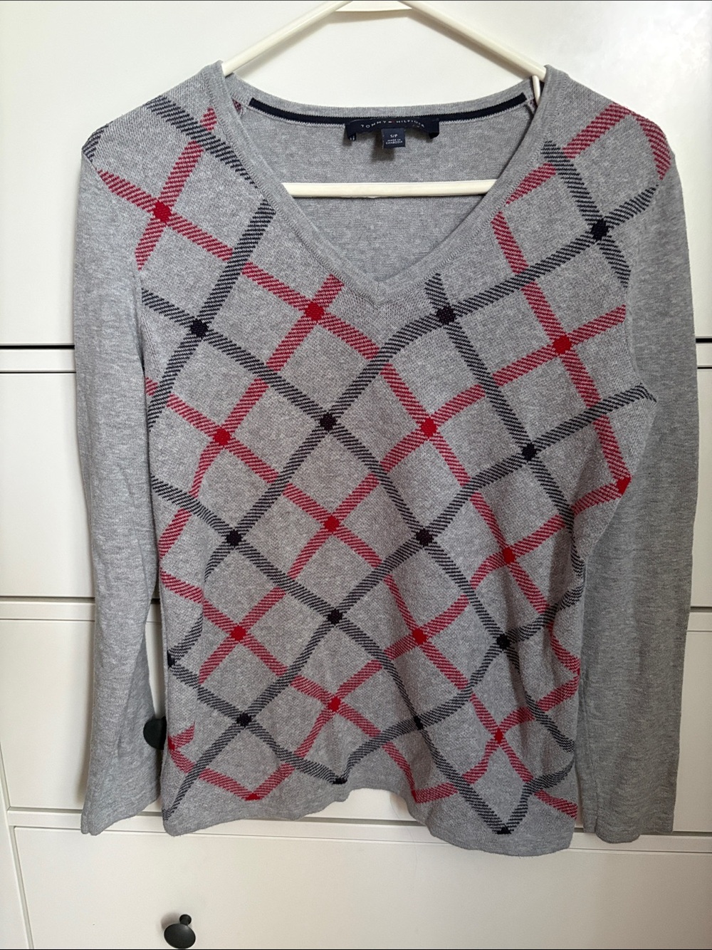 Tommy Hilfiger Grey V-Neck Argyle Sweater with Red & Black Plaid